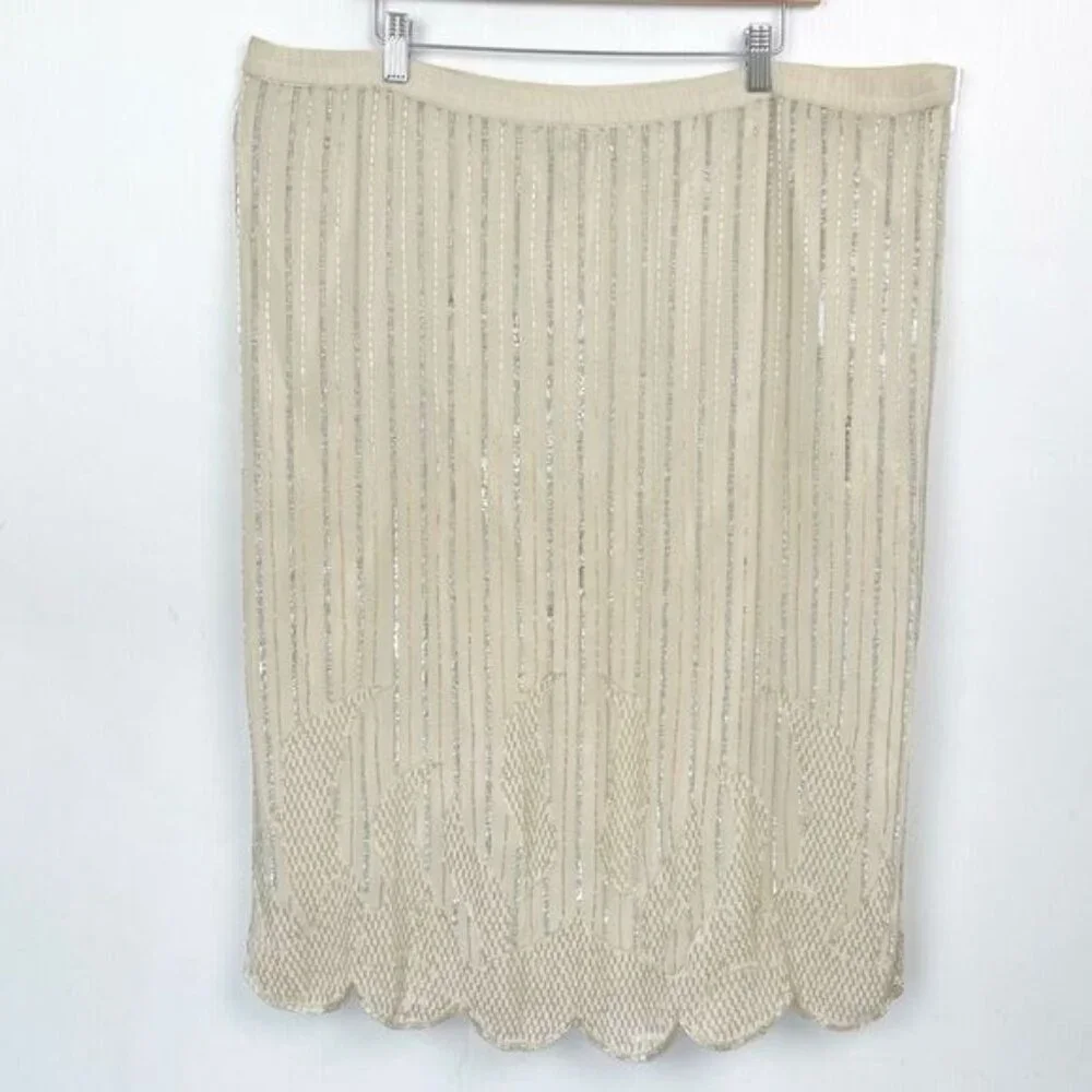 Judith Ann 100% silk Sequined beaded ivory party skirt Size L
